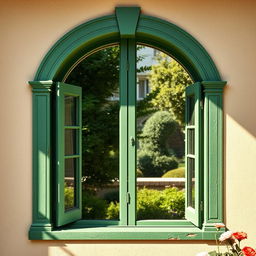 An artistic depiction of an arched rustic window painted in a rich green color