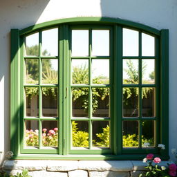 An artistic depiction of an arched rustic window painted in a rich green color