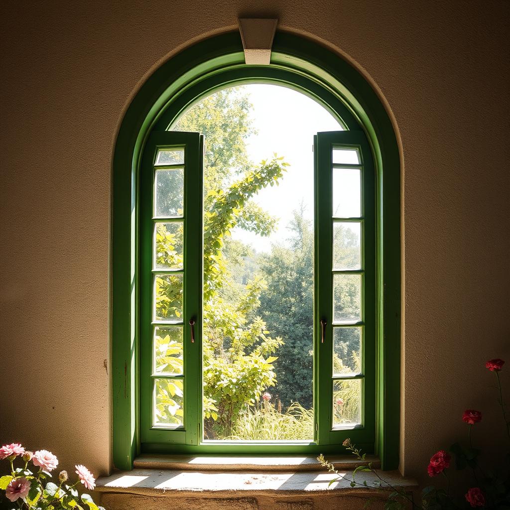 An artistic depiction of an arched rustic window painted in a rich green color