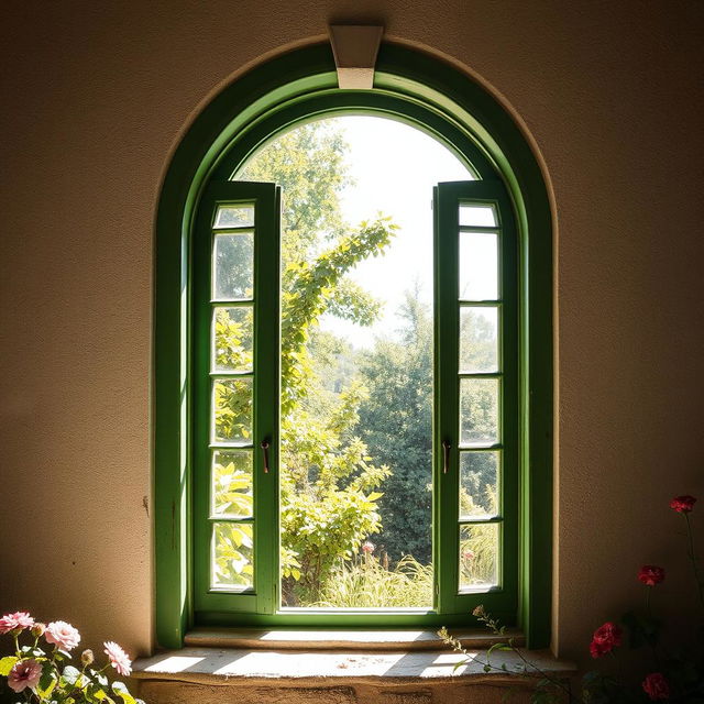 An artistic depiction of an arched rustic window painted in a rich green color