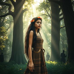 A solitary young woman named Kirina, emerging from a lush forest, surrounded by towering ancient trees