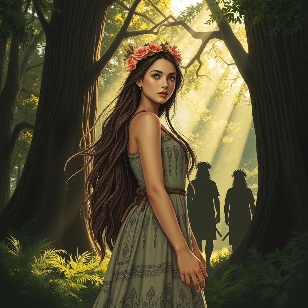 A solitary young woman named Kirina, emerging from a lush forest, surrounded by towering ancient trees