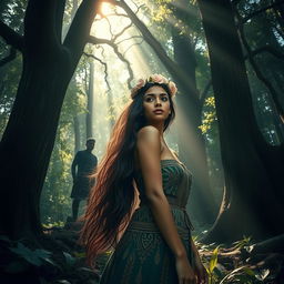 A solitary young woman named Kirina, emerging from a lush forest, surrounded by towering ancient trees