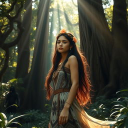 A solitary young woman named Kirina, emerging from a lush forest, surrounded by towering ancient trees