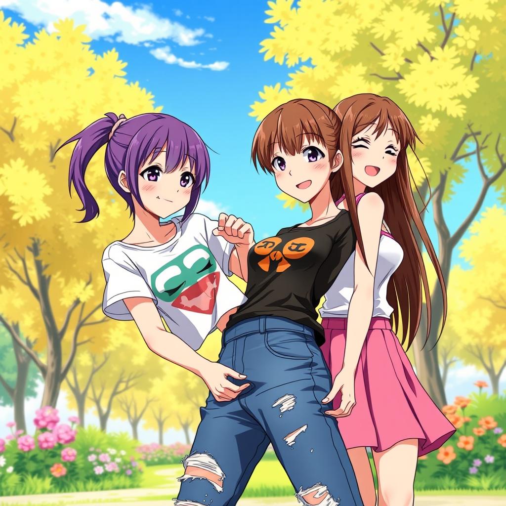 A vibrant illustration of an anime teenage girl giving another girl a wedgie in a playful and comedic setting