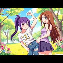 A vibrant illustration of an anime teenage girl giving another girl a wedgie in a playful and comedic setting