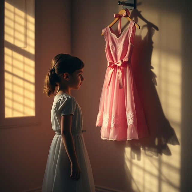 A young girl standing in a softly lit room, gazing uncertainly at a beautiful pink dress that hangs in front of her