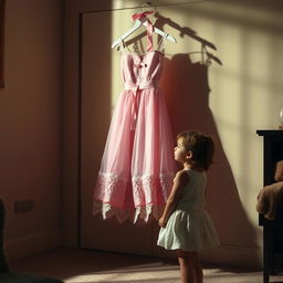 A young girl standing in a softly lit room, gazing uncertainly at a beautiful pink dress that hangs in front of her