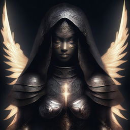 This is a high-quality digital art image of a mysterious and beautiful goddess shrouded in darkness