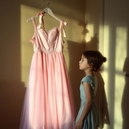 A young girl standing in a softly lit room, gazing uncertainly at a beautiful pink dress that hangs in front of her