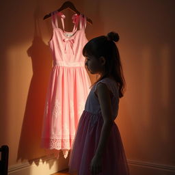 A young girl standing in a softly lit room, gazing uncertainly at a beautiful pink dress that hangs in front of her