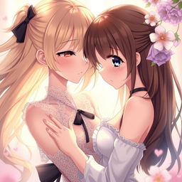 An intimate and sensual depiction of two anime girls in a soft, romantic setting