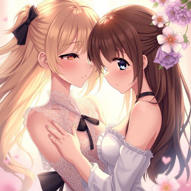 An intimate and sensual depiction of two anime girls in a soft, romantic setting