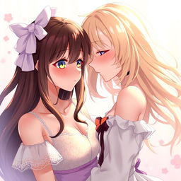 An intimate and sensual depiction of two anime girls in a soft, romantic setting