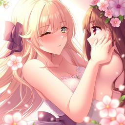 An intimate and sensual depiction of two anime girls in a soft, romantic setting