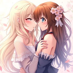 An intimate and sensual depiction of two anime girls in a soft, romantic setting