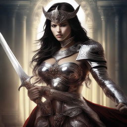 A high-quality digital art image featuring a stunning and armored goddess, her face shrouded in mystery