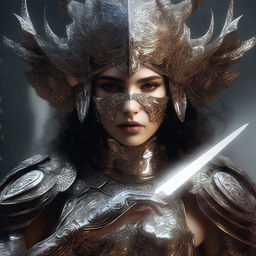 A high-quality digital art image featuring a stunning and armored goddess, her face shrouded in mystery