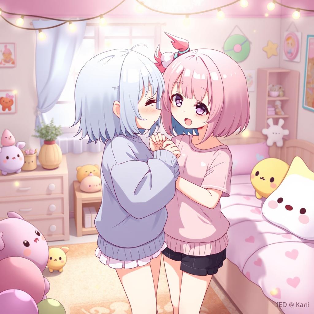A charming and whimsical scene featuring a cute, shy anime girl softly interacting with another girl by playfully sucking her belly button