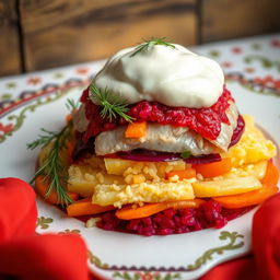 A beautifully arranged plate of 'herring under a fur coat', a traditional Russian dish
