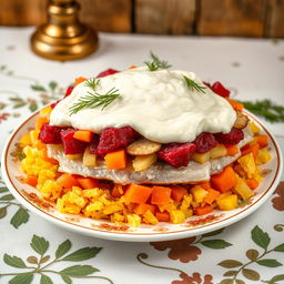 A beautifully arranged plate of 'herring under a fur coat', a traditional Russian dish