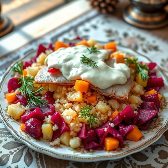 A beautifully arranged plate of 'herring under a fur coat', a traditional Russian dish