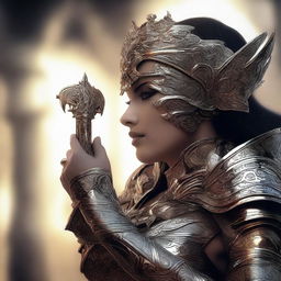 A high-quality digital art image featuring a stunning and armored goddess, her face shrouded in mystery