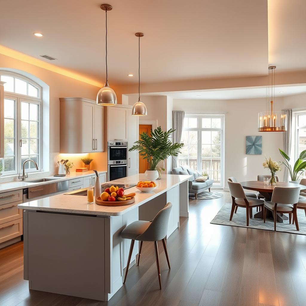 A beautifully designed kitchen salon, featuring a modern and stylish open-plan layout with elegant furniture