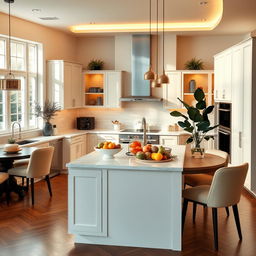 A beautifully designed kitchen salon, featuring a modern and stylish open-plan layout with elegant furniture