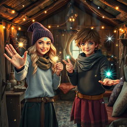 In a shabby hut filled with mystical elements, a teenage boy and girl, both young witches, are casting their magic