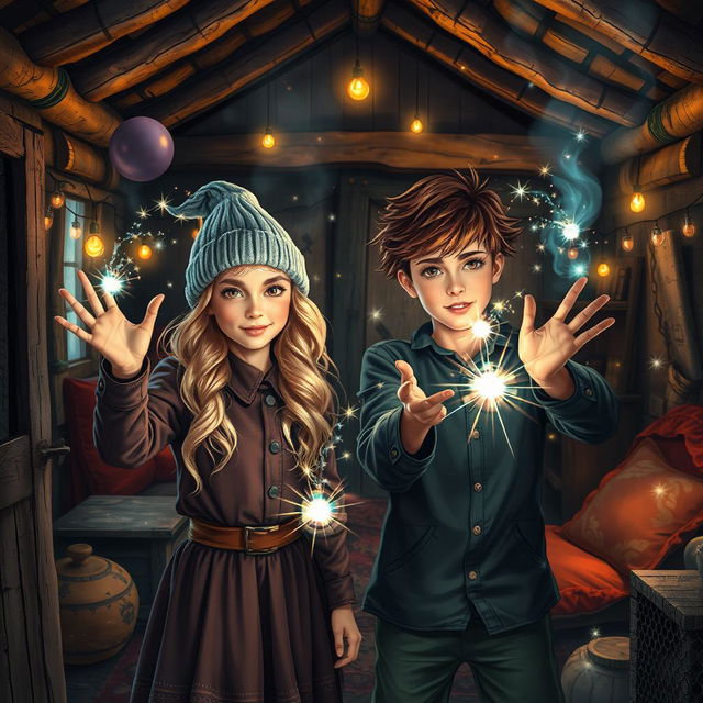 In a shabby hut filled with mystical elements, a teenage boy and girl, both young witches, are casting their magic