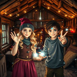 In a shabby hut filled with mystical elements, a teenage boy and girl, both young witches, are casting their magic