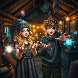 In a shabby hut filled with mystical elements, a teenage boy and girl, both young witches, are casting their magic