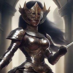 A high-quality digital art image depicts a stunning, armored, and mysterious goddess