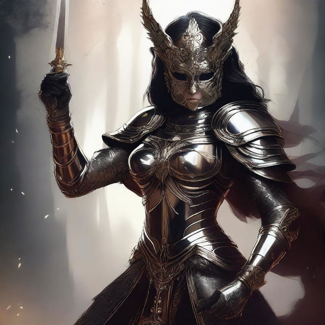 A high-quality digital art image depicts a stunning, armored, and mysterious goddess