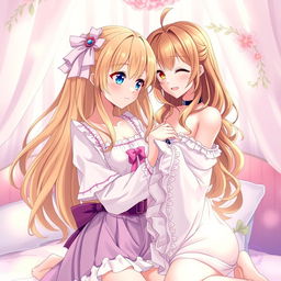 A vivid and intimate scene depicting two anime girls in a soft, romantic setting