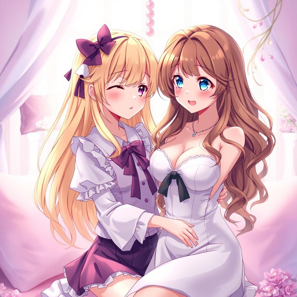A vivid and intimate scene depicting two anime girls in a soft, romantic setting
