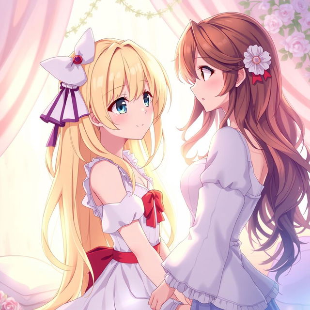 A vivid and intimate scene depicting two anime girls in a soft, romantic setting
