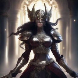 A high-quality digital art image depicts a stunning, armored, and mysterious goddess