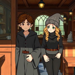A teenage boy and girl, both young witches, step into a charming restaurant with a vintage atmosphere