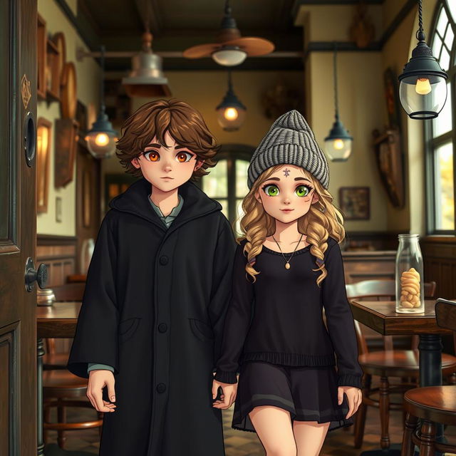 A teenage boy and girl, both young witches, step into a charming restaurant with a vintage atmosphere