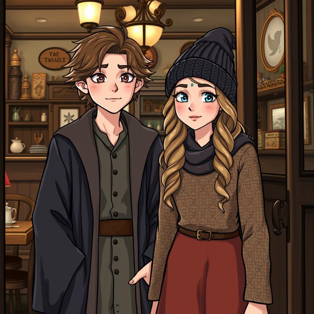 A teenage boy and girl, both young witches, step into a charming restaurant with a vintage atmosphere