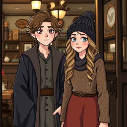 A teenage boy and girl, both young witches, step into a charming restaurant with a vintage atmosphere