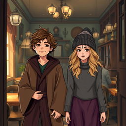 A teenage boy and girl, both young witches, step into a charming restaurant with a vintage atmosphere