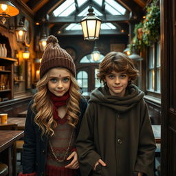 A teenage boy and girl, both young witches with magical marks on their foreheads, entering a charming vintage restaurant
