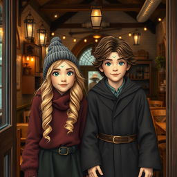 A teenage boy and girl, both young witches with magical marks on their foreheads, entering a charming vintage restaurant