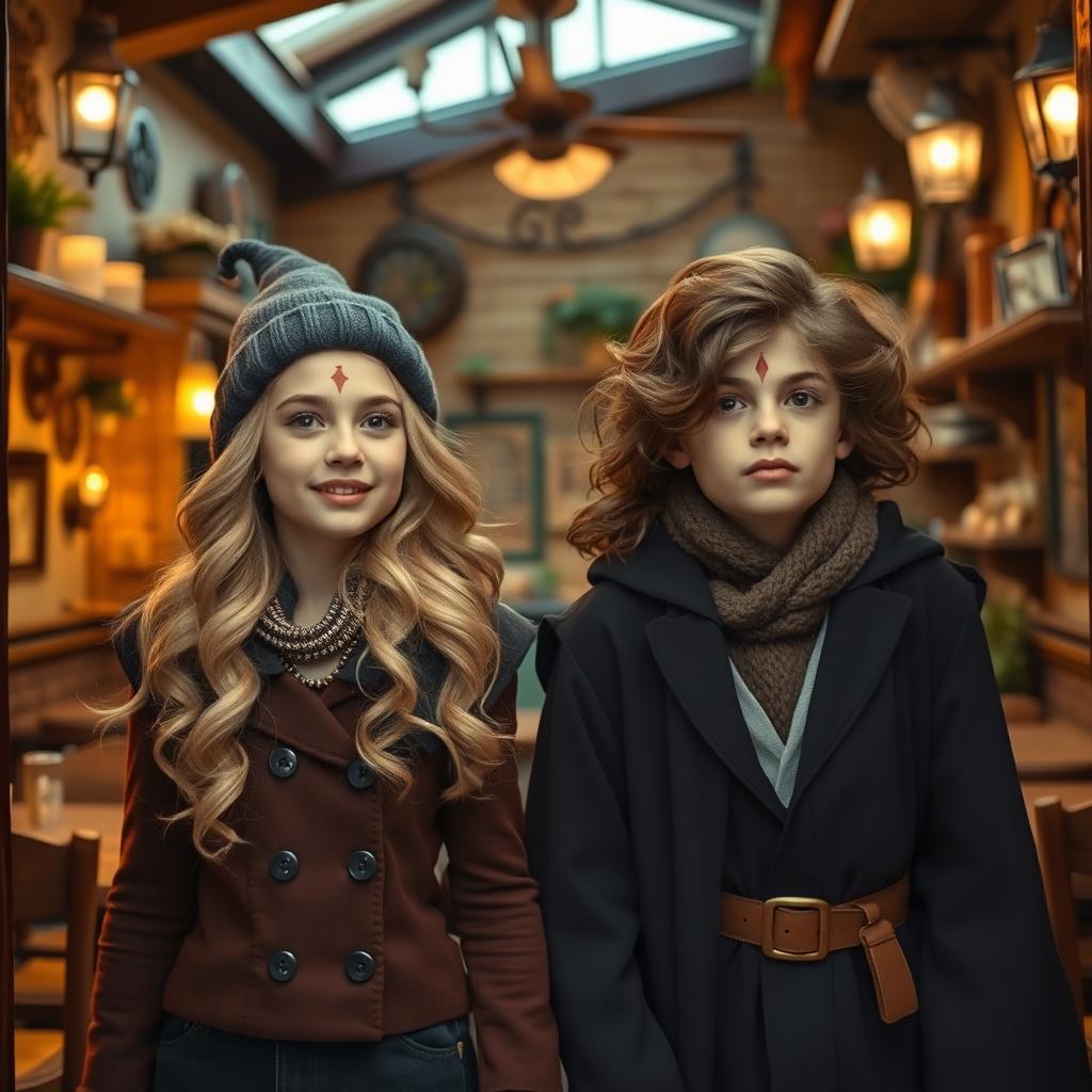 A teenage boy and girl, both young witches with magical marks on their foreheads, entering a charming vintage restaurant