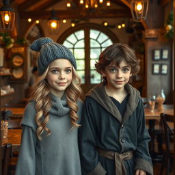 A teenage boy and girl, both young witches with magical marks on their foreheads, entering a charming vintage restaurant