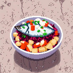 A vibrant pixel art representation of Herring Under a Fur Coat, a traditional Russian salad