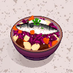 A vibrant pixel art representation of Herring Under a Fur Coat, a traditional Russian salad